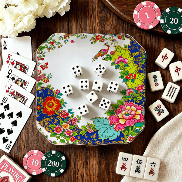 Tobacco Leaf Scalloped Ceramic Mahjong Dice Tray