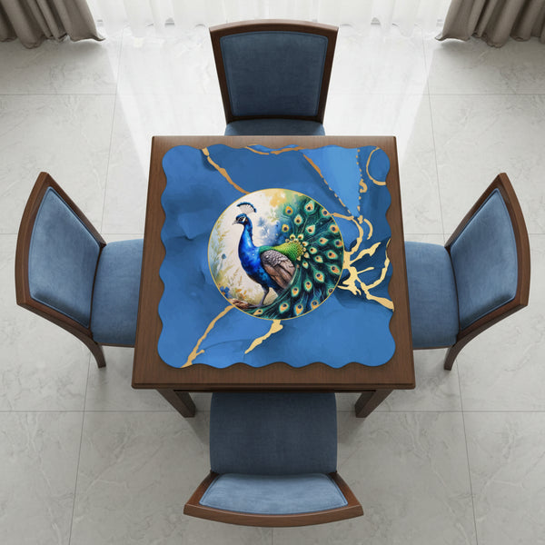 Blue Gold Gilded Peacock Scalloped Mahjong Mat