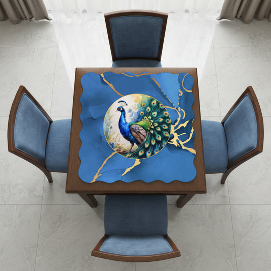 Blue Gold Gilded Peacock Scalloped Mahjong Mat