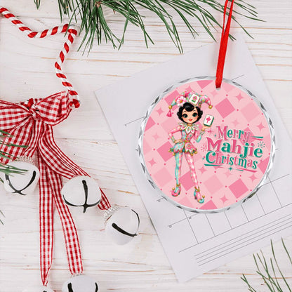 Merry Mahjie Christmas Pink Harlequin Round Glass Christmas Ornament