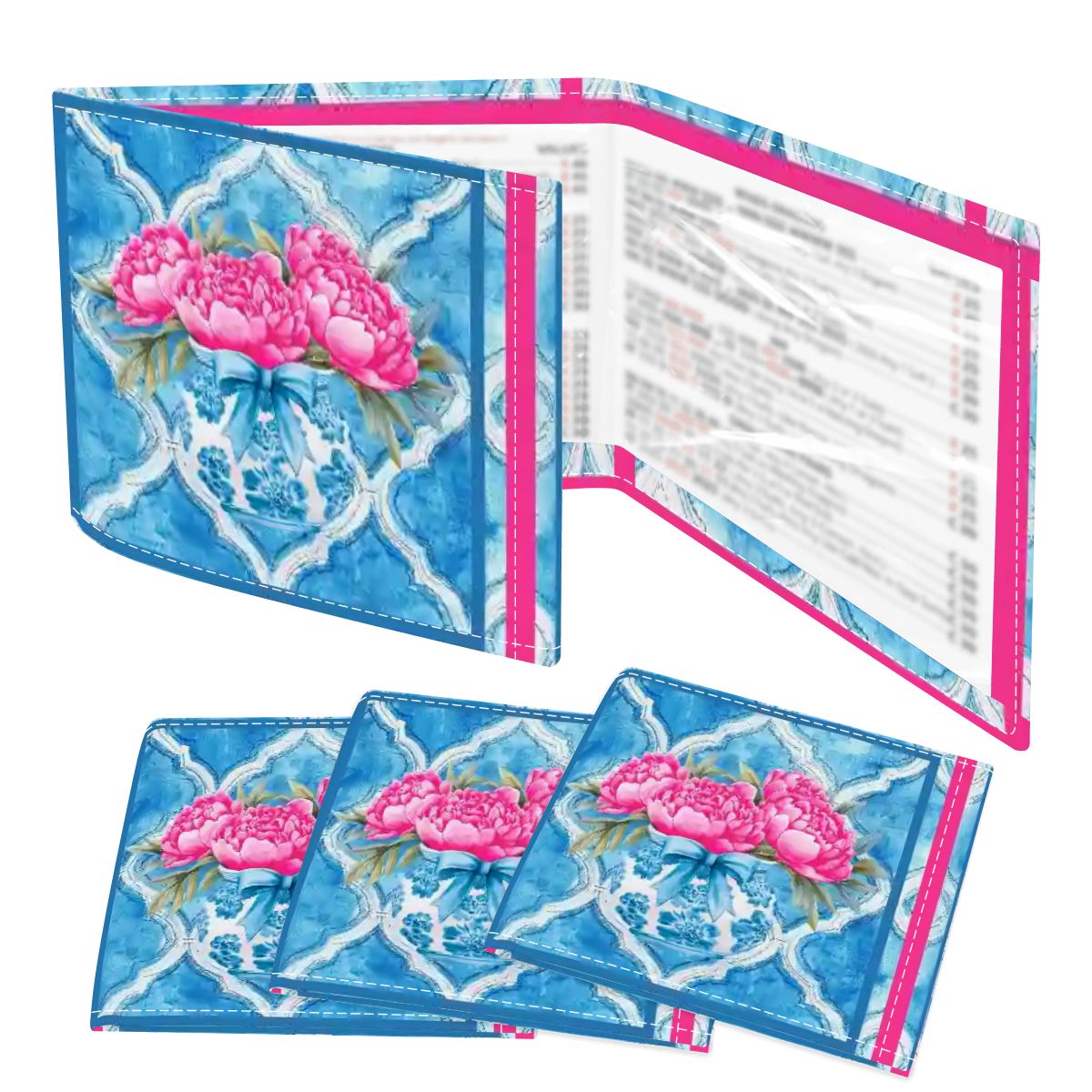 Pink Peony Watercolor Blue, 4 Mahjong Card Holder with Line Finder - Splash of Color Co.