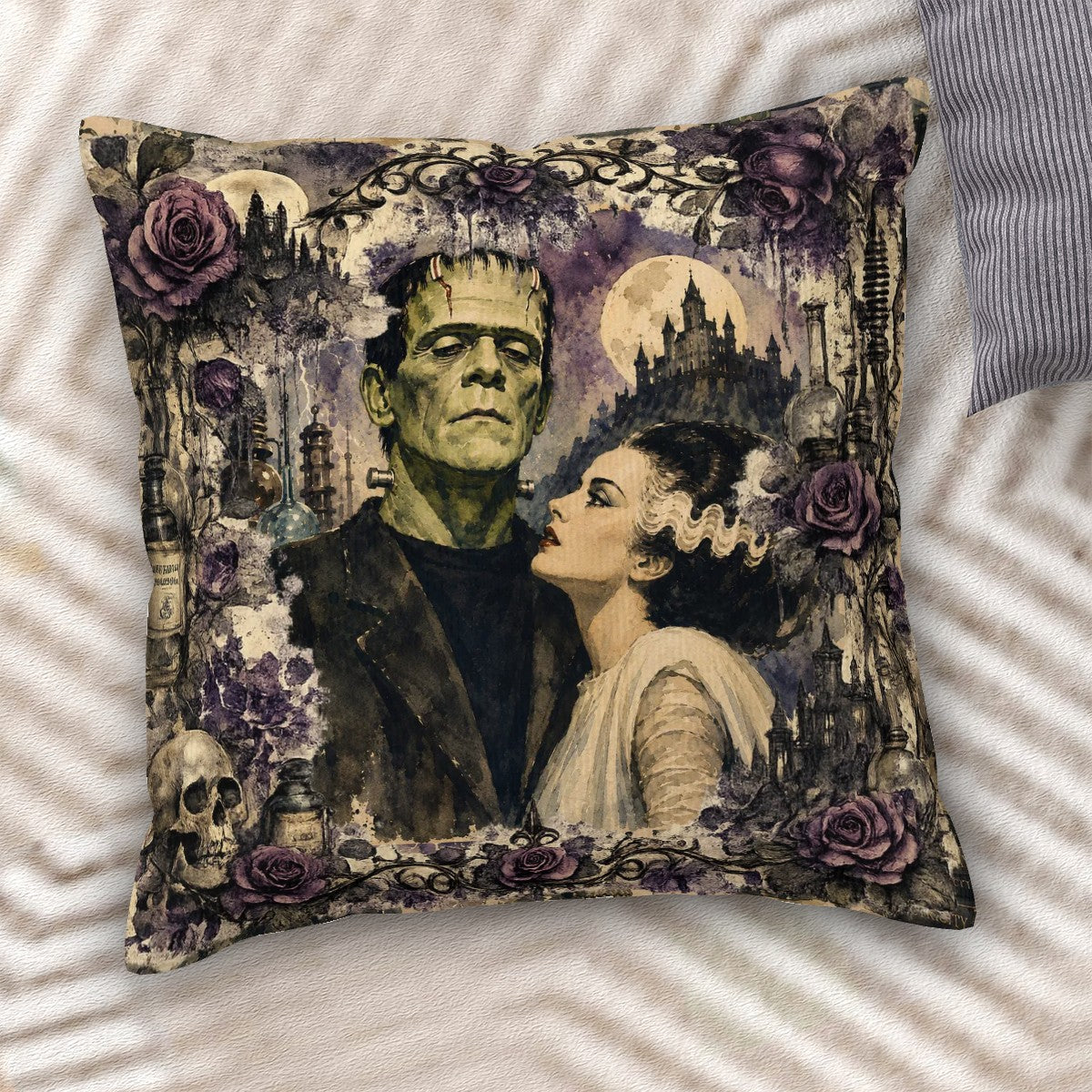 Frankenstein And Bride Gothic Fall Halloween Corduroy Throw Pillow Cover And Insert