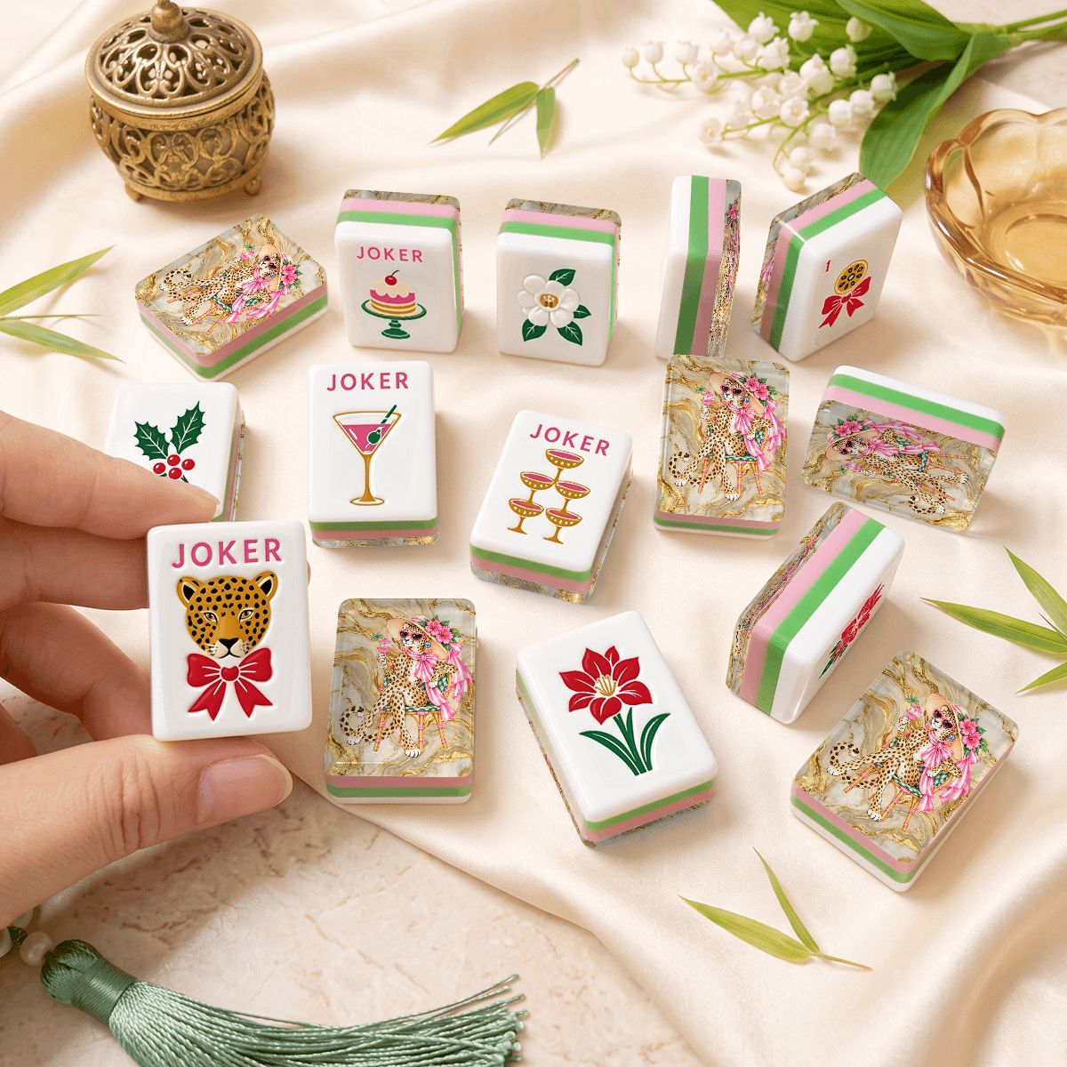 Sipping Leopard 4 Layer Glam Winter American Mahjong Tiles And Carry Case - Splash Of Mahj And Color Co.