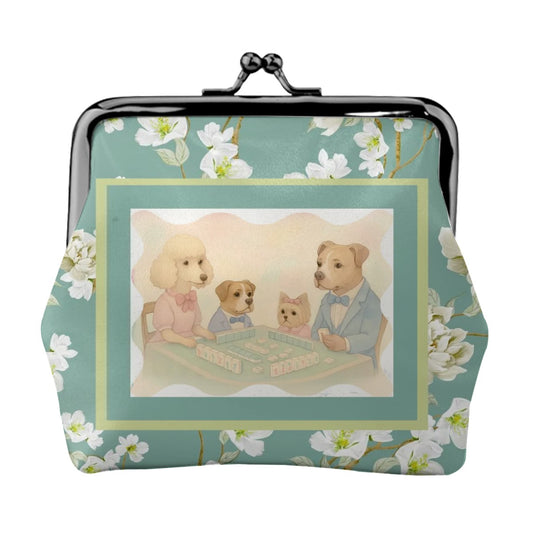 Cute Dogs Playing Mahjong Asian Floral Designed Kiss Lock Coin Purse