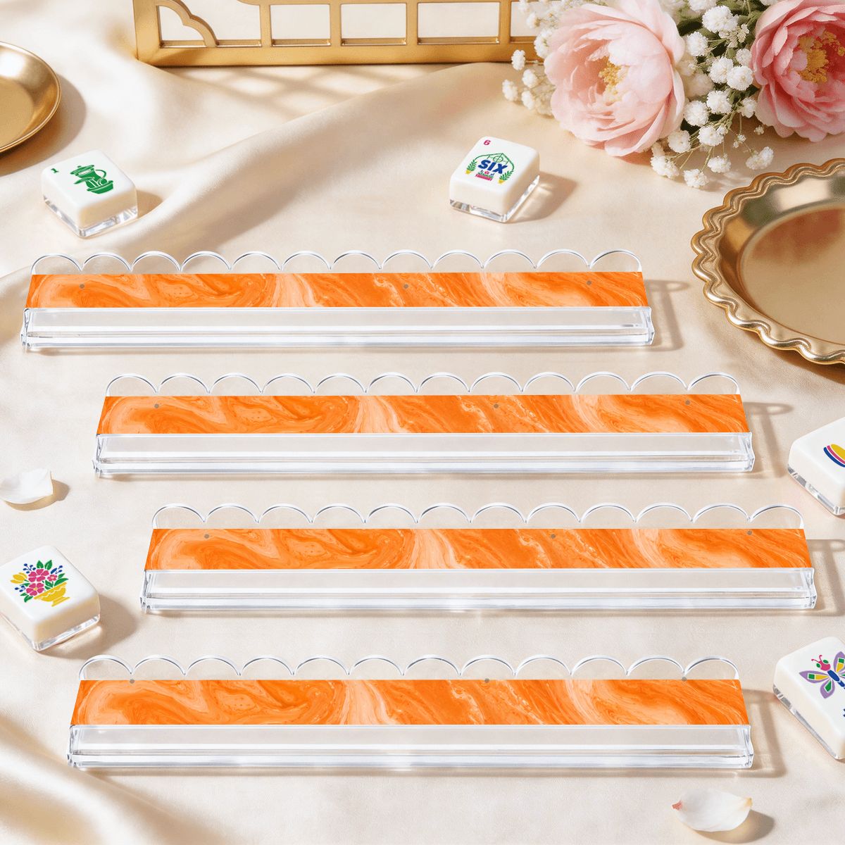 Orange Sherbet Extended Mahjong Rack Set of 4 Scalloped Magnetic Tile Pusher 20' - Splash Of Mahj And Color Co.