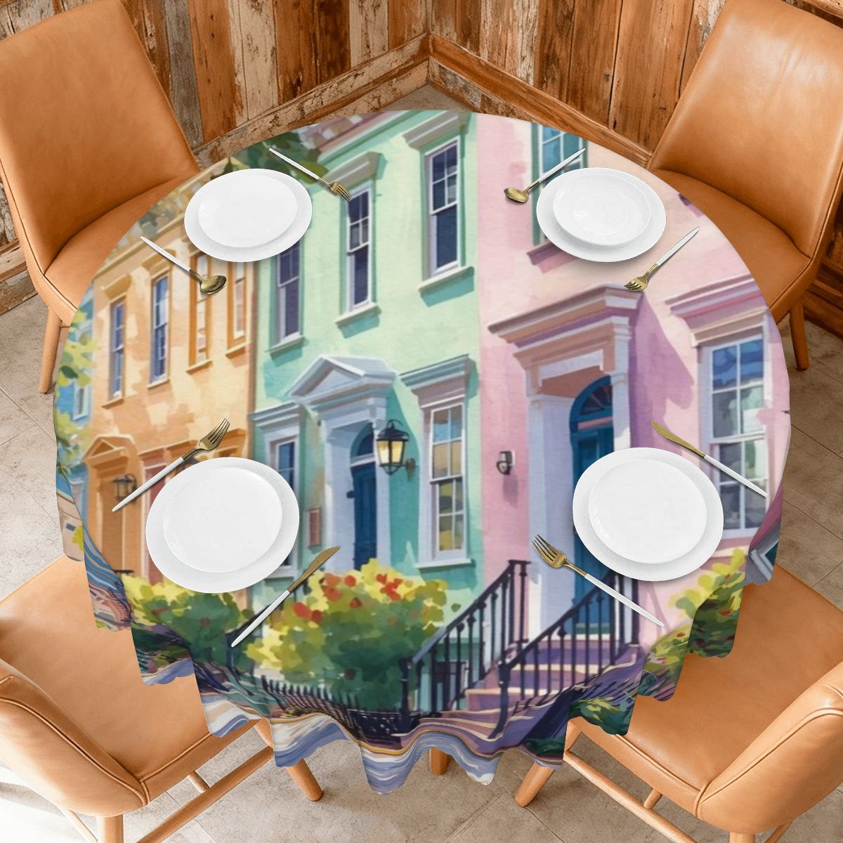 Charleston South Carolina Rainbow Row Watercolor Round Tablecloth with Wavy Edge - Splash of Color Co.