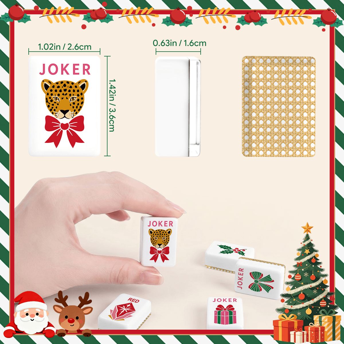 Vintage Cane Christmas Glam Holiday Mahjong Engraved Tiles