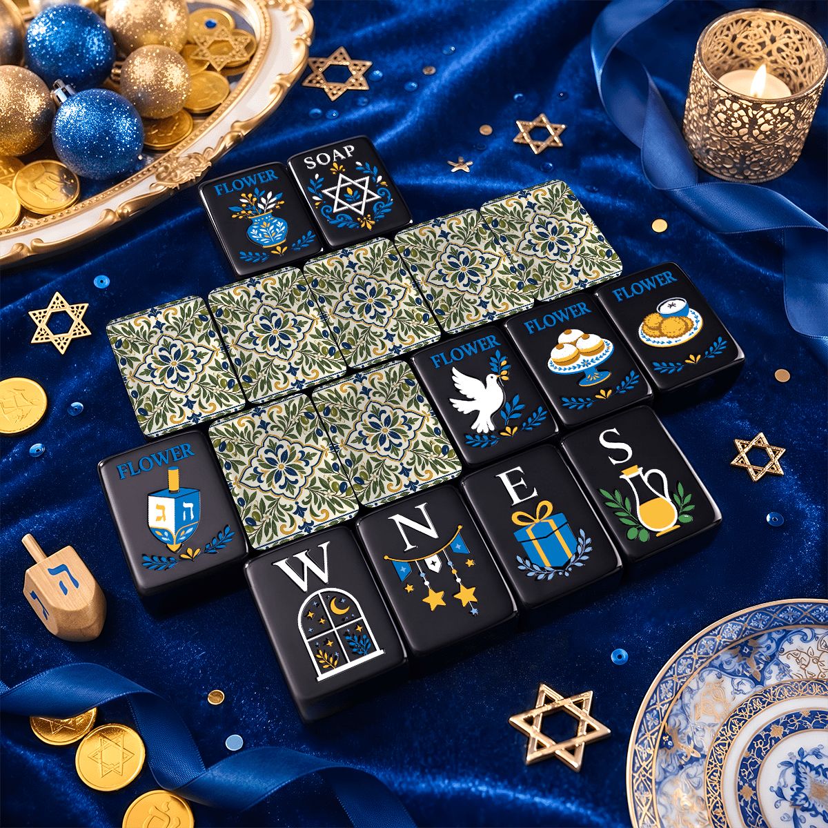 Tuscan Blue And Green Starry Night Hanukkah Mahjong Tiles And Carry Case