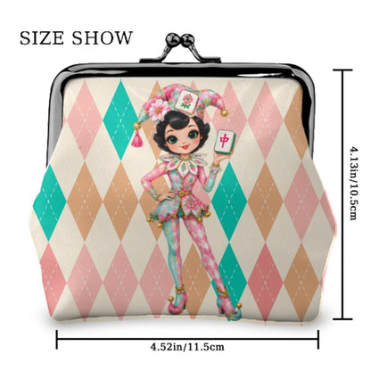 Mahjie The Mascot Harlequin Designed Whimsy Women's Leather Kiss Lock Coin Purse - Splash Of Mahj And Color Co.