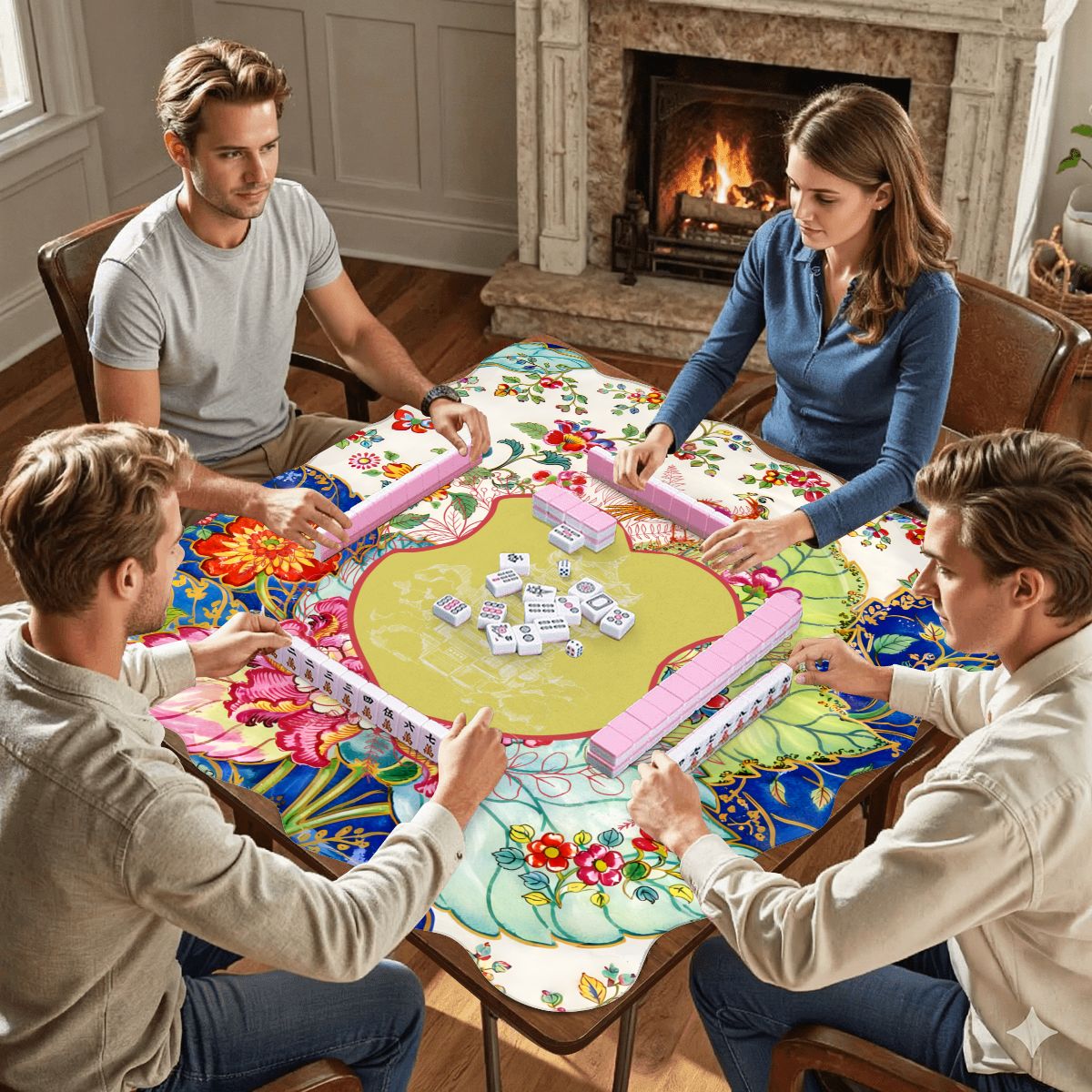 Asian Chinoiserie Tobacco Leaf Scalloped Mahjong Mat - Splash of Color Co.