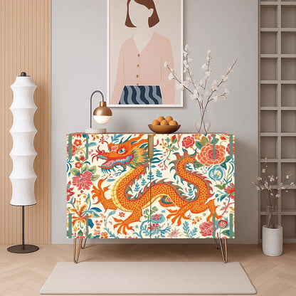 Asian Dragon Chinoiserie Orange Blue Green Modern Wooden Storage Cabinet - Splash of Color Co.