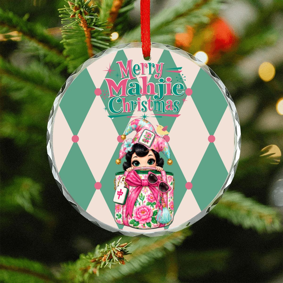 Merry Mahjie Christmas Shopaholic Round Glass Christmas Ornament