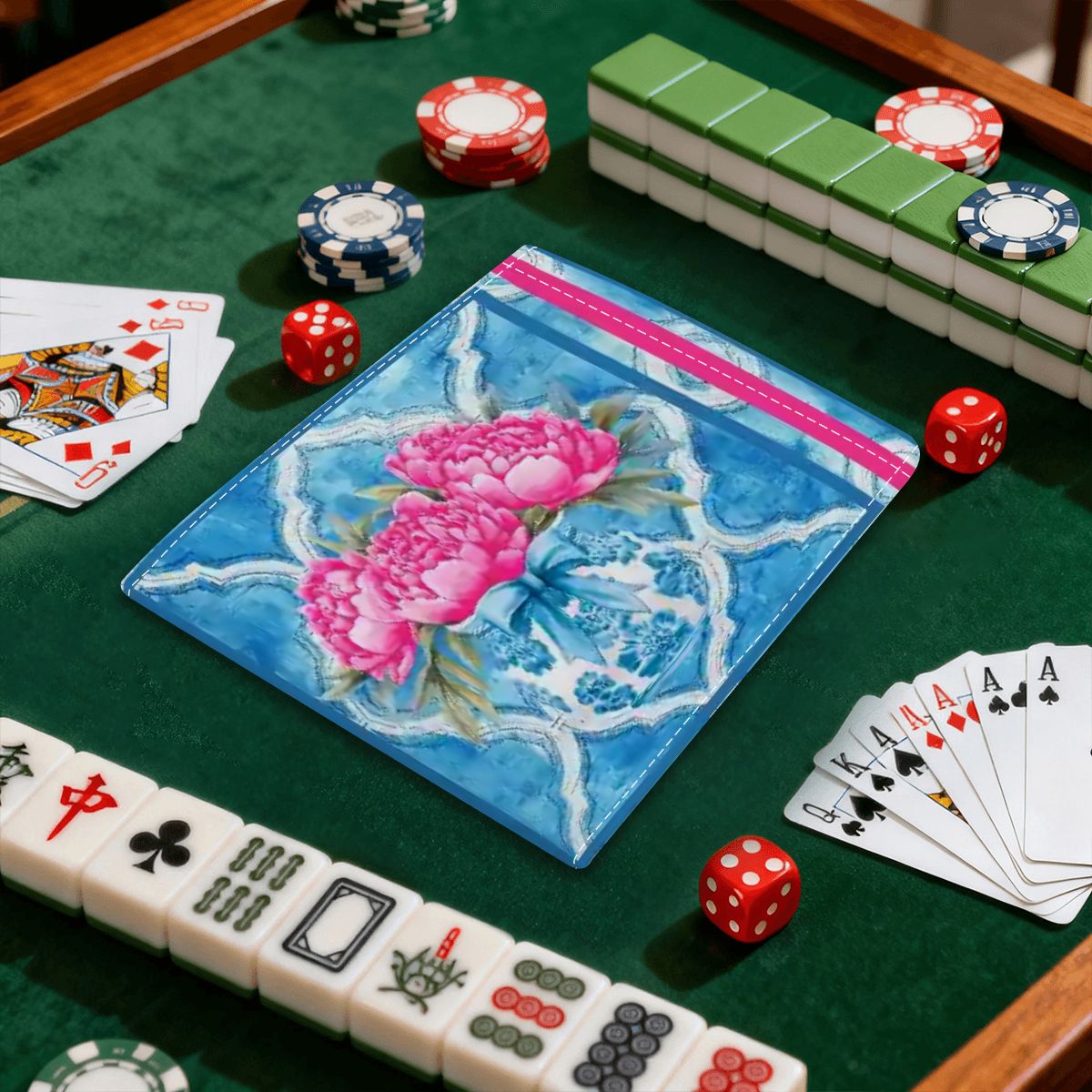 Pink Peony Watercolor Blue, 4 Mahjong Card Holder with Line Finder - Splash of Color Co.