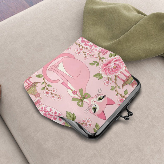 Pink Pagoda Peony Purr Women's Leather Kiss Lock Coin Purse - Splash Of Mahj And Color Co.