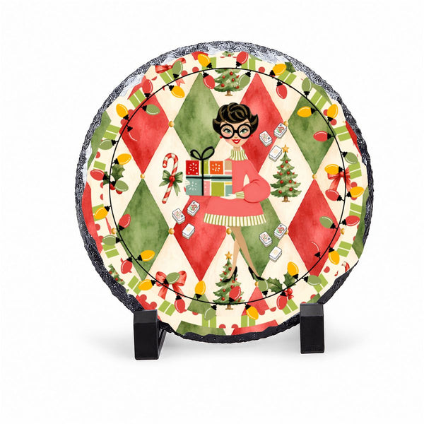 Mod Mahjong Merriment Round Photo Rock Slate Frame