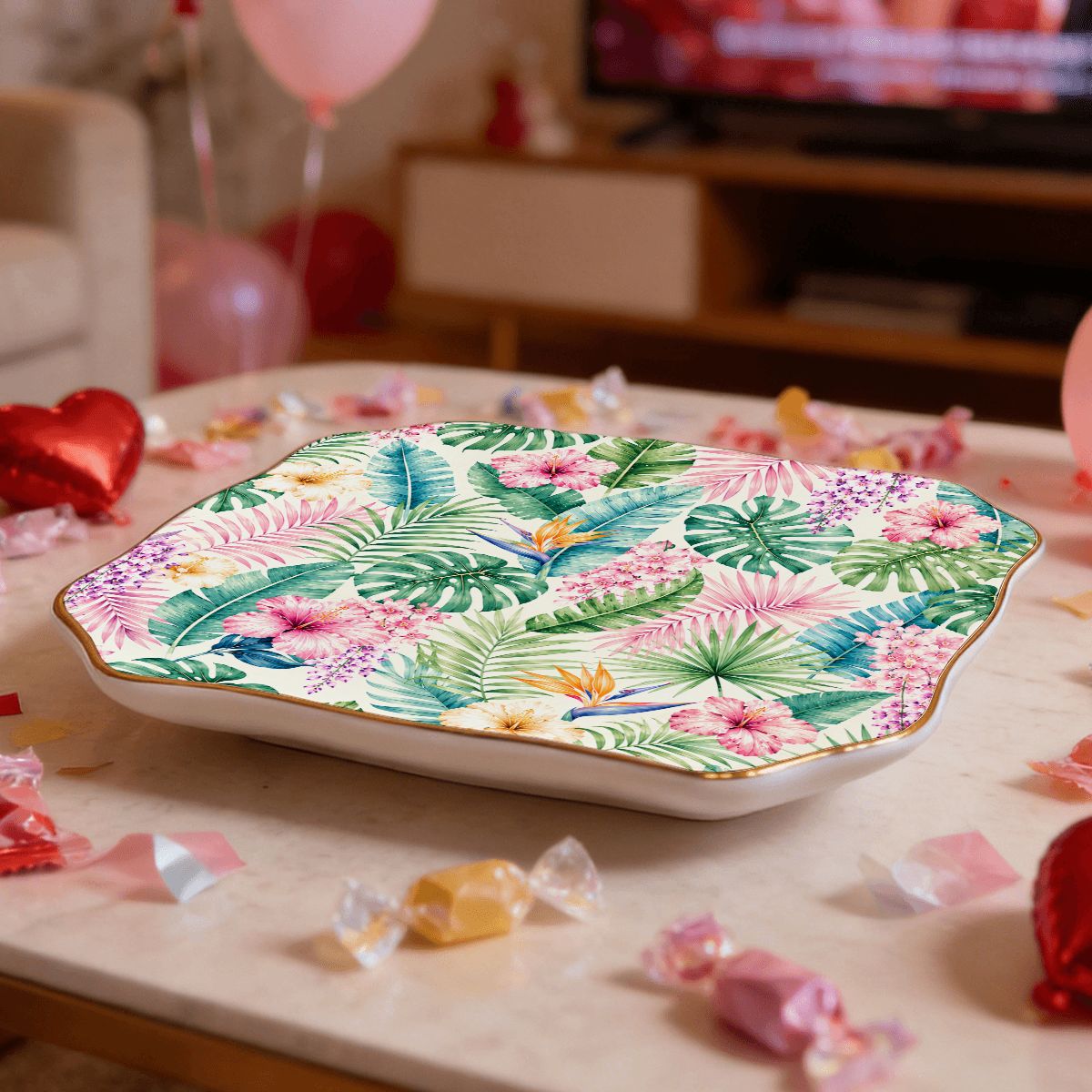 Pastel Jungle Scalloped Ceramic Mahjong Dice Tray