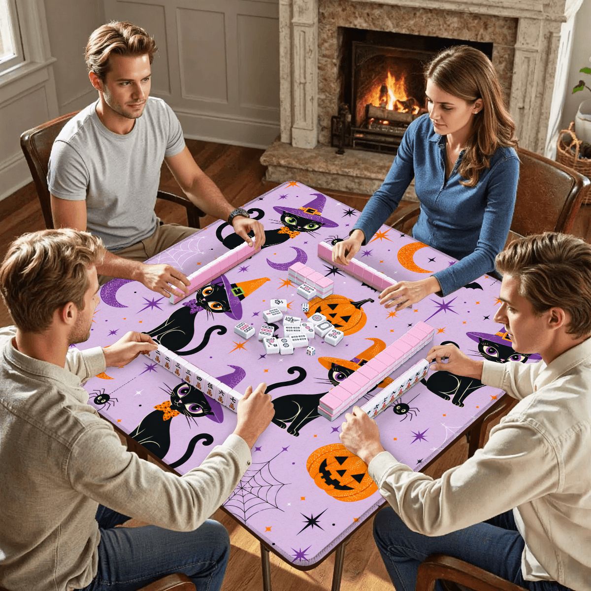 Witchey Poo Black Cat Purple Orange Black Mahjong Mat - Splash Of Mahj And Color Co.