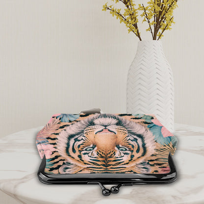 Eye of The Tiger Floral Print Women's Leather Kiss Lock Coin Purse