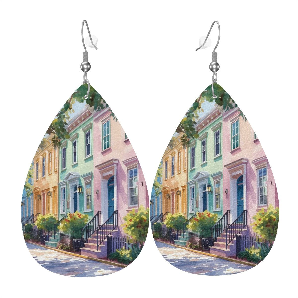 Charleston South Carolina Rainbow Row Leather Teardrop Earrings - Splash of Color Co.