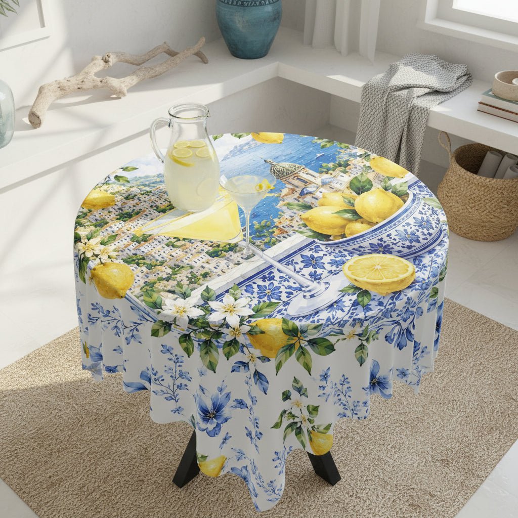 Lemondrops On The Amalfi Coast Tablecloth — Mediterranean Lemon & Blue Floral Table Linen - Splash Of Mahj And Color Co.