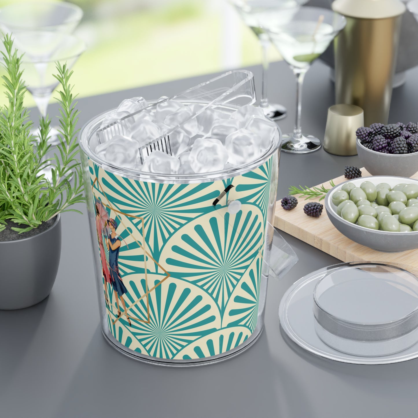 Roaring 1920s Glam Art Deco Party Ice Bucket with Tongs — Vintage 1920s Teal Art Deco Pattern - Splash of Color Co.