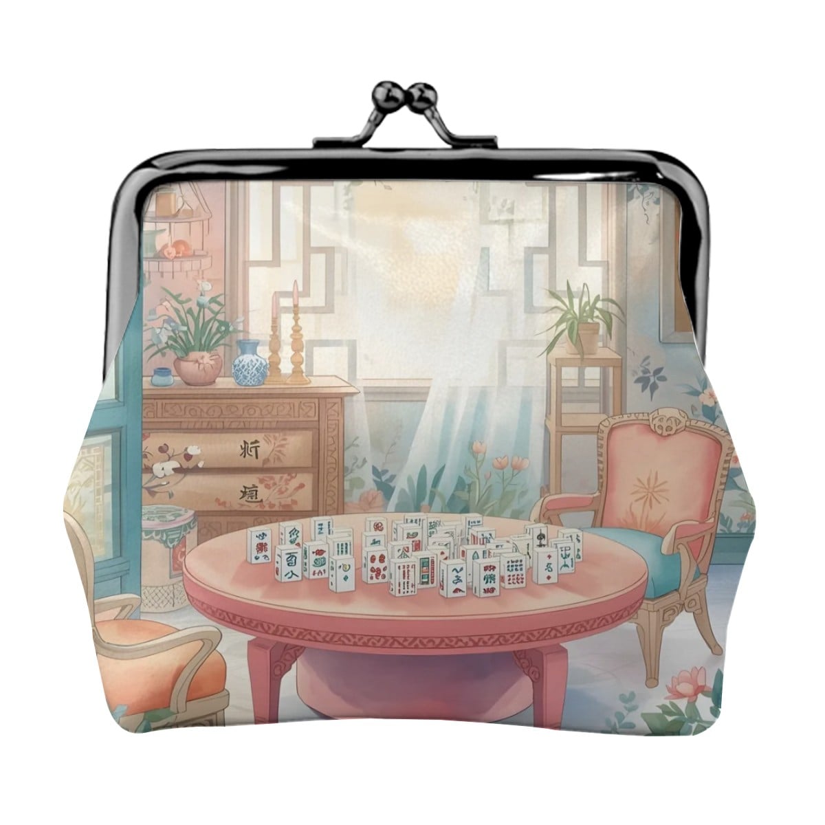 Mahjong Tea Room Garden Women's Leather Kiss Lock Coin Purse - Splash of Color Co.