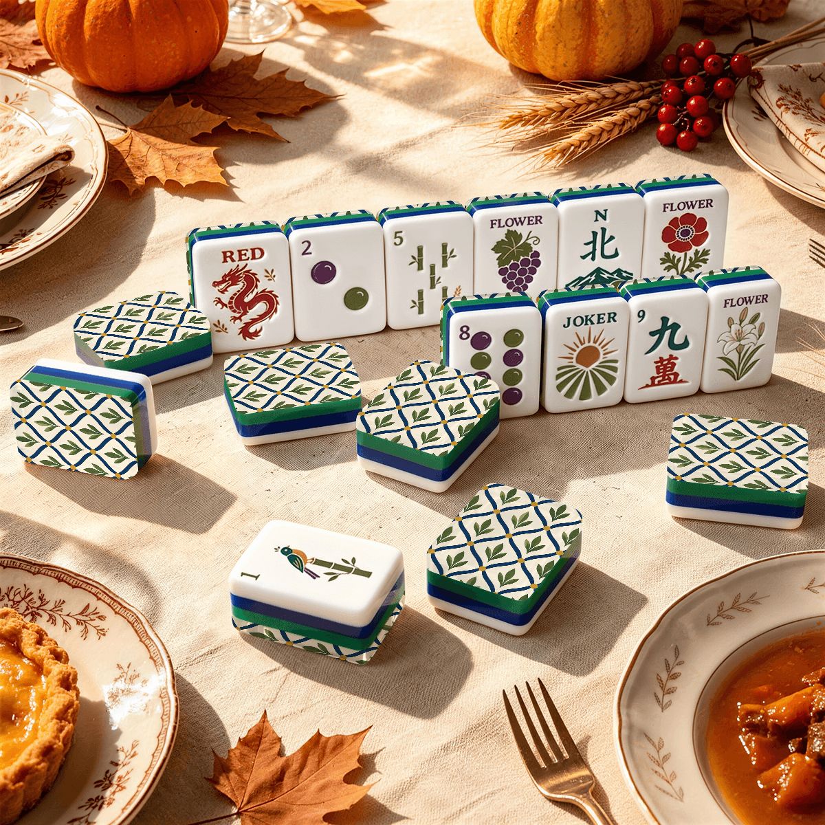 Mediterranean Olive Green Tuscan Botanical American Mahjong Tiles And Carry Case - Splash Of Mahj And Color Co.