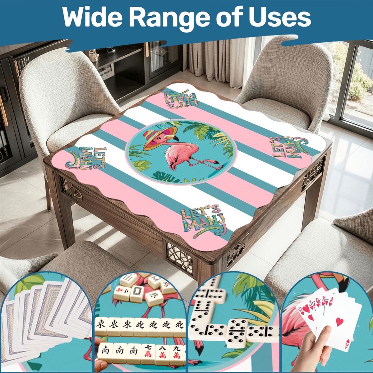 Let's Mahj Tropical Flaminog Pink And White Striped Scalloped Mahjong Mat - Splash of Color Co.
