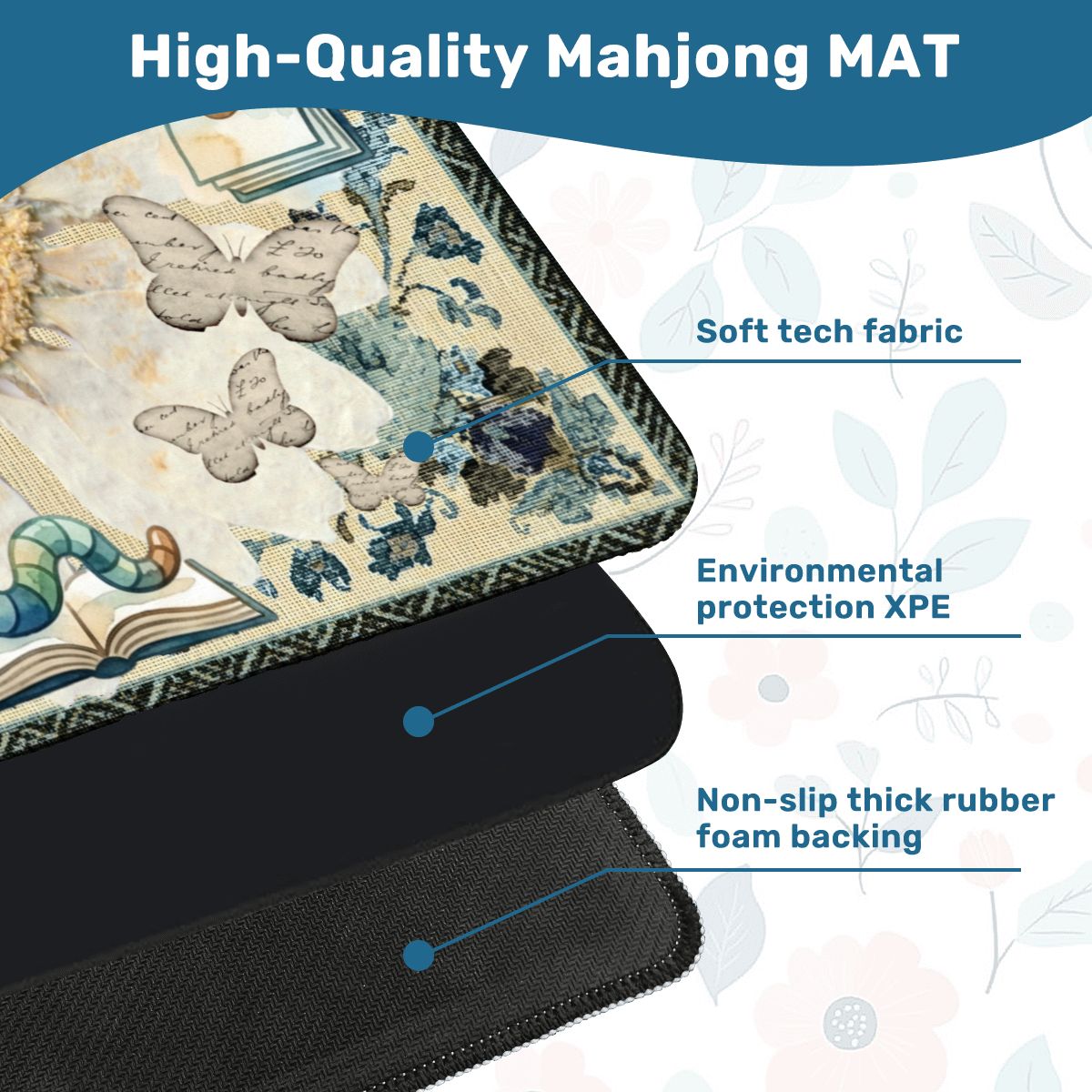 Once Upon A Mahjong Ink And Ivory Faux Embroidered Book Worm Mahjong Mat - Splash of Color Co.