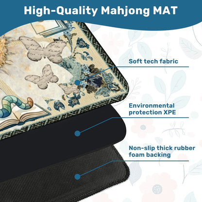 Once Upon A Mahjong Ink And Ivory Faux Embroidered Book Worm Mahjong Mat - Splash of Color Co.