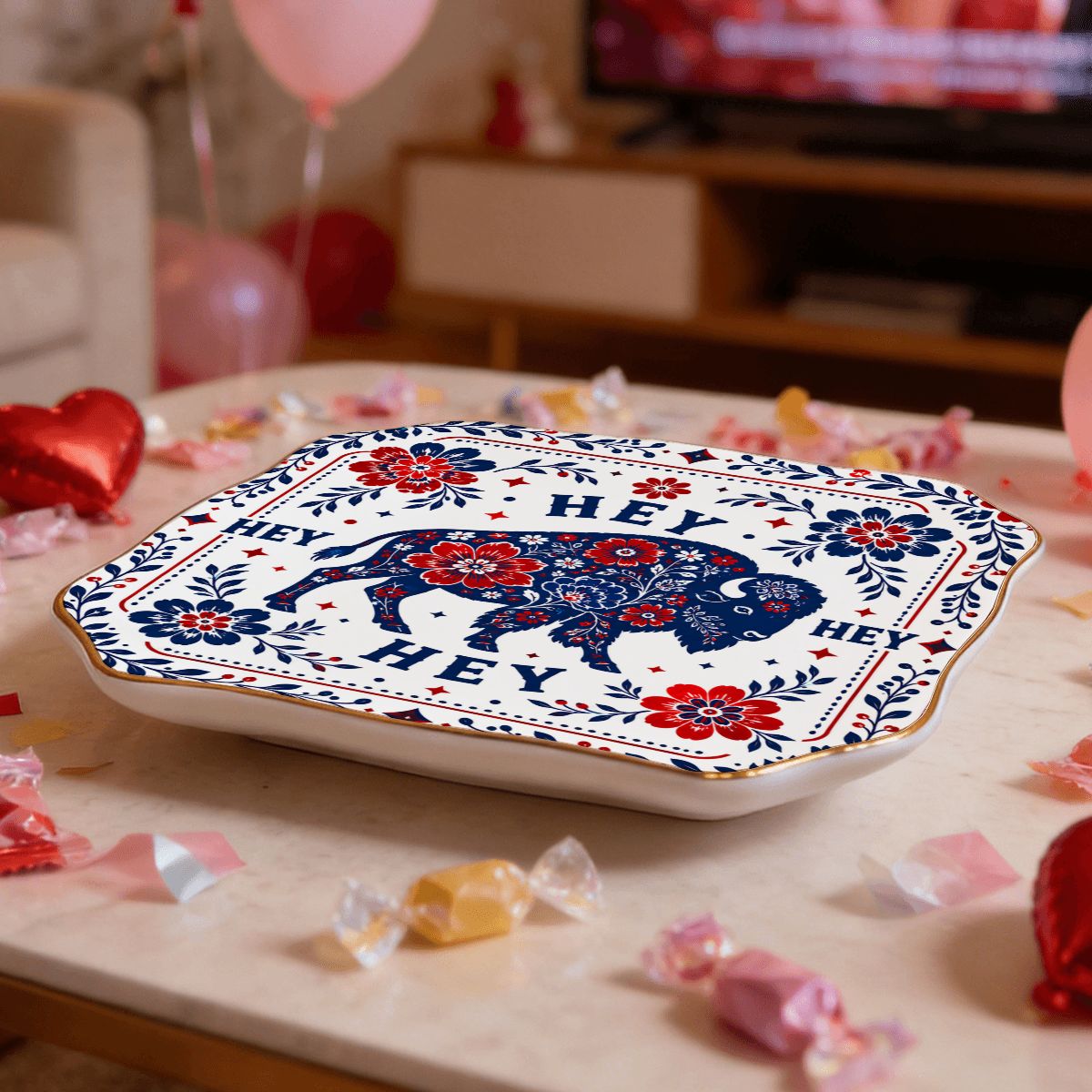 Hey Hey Hey Buffalo Football Fan Scalloped Ceramic Mahjong Dice Tray