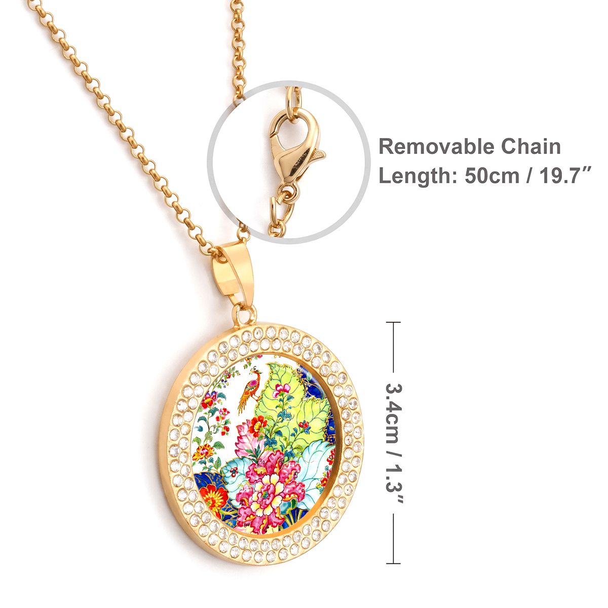 Tobacco Leaf Bam Bird Round Rhinestone Pendant Necklace