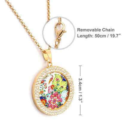Tobacco Leaf Bam Bird Round Rhinestone Pendant Necklace