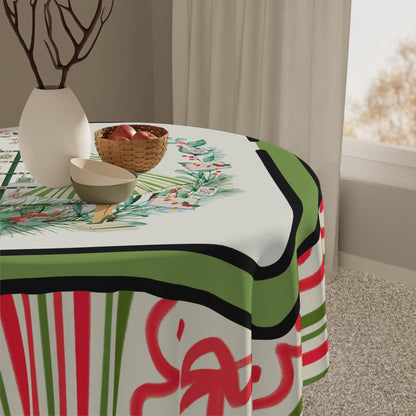 Vintage Girl Mahjong Christmas Tablecloth - Whimsical Holiday Stripe & Wreath Table Cover - Splash of Color Co.