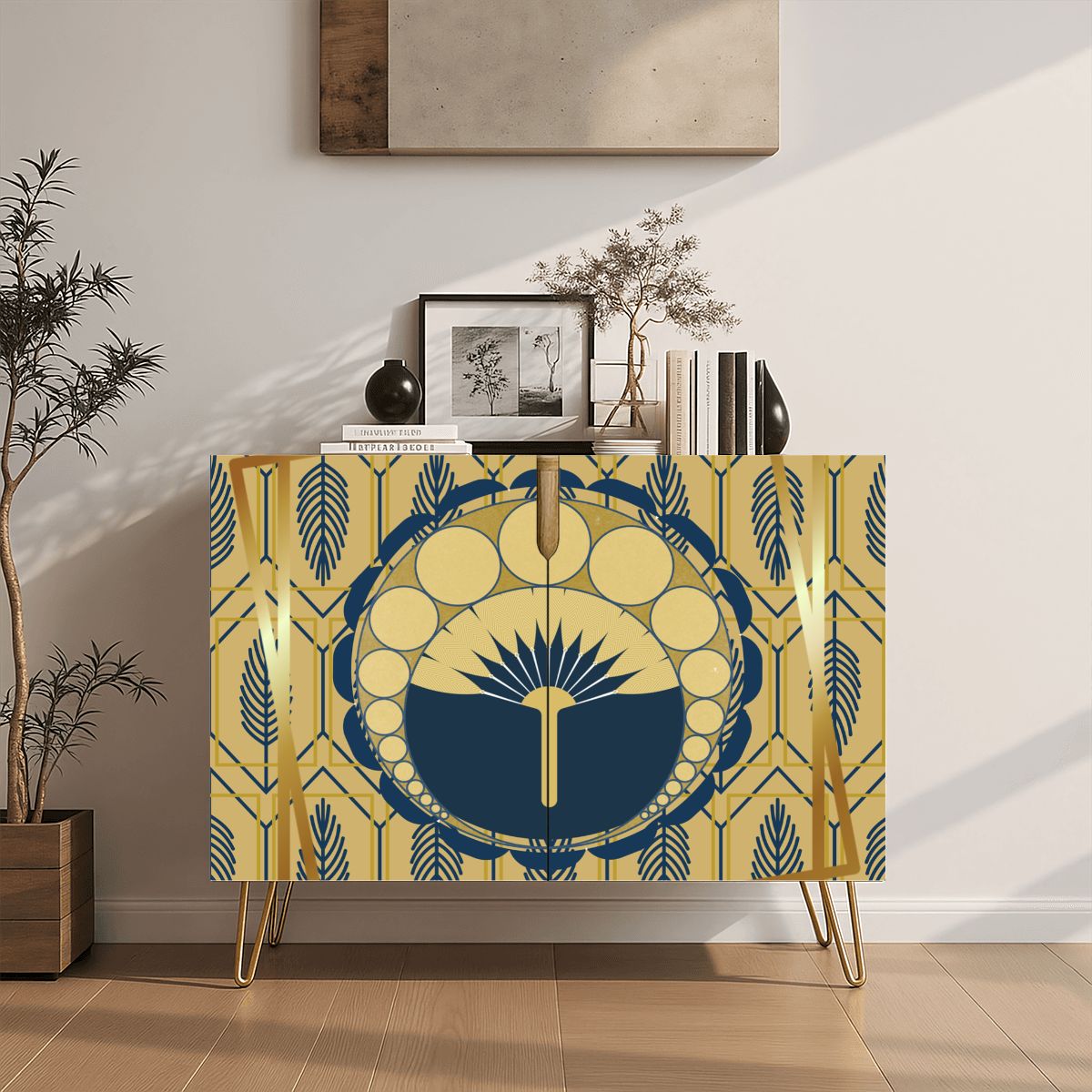 Palm Royale' Art Deco Modern Gold Royal Blue Wooden Storage Cabinet - Splash of Color Co.