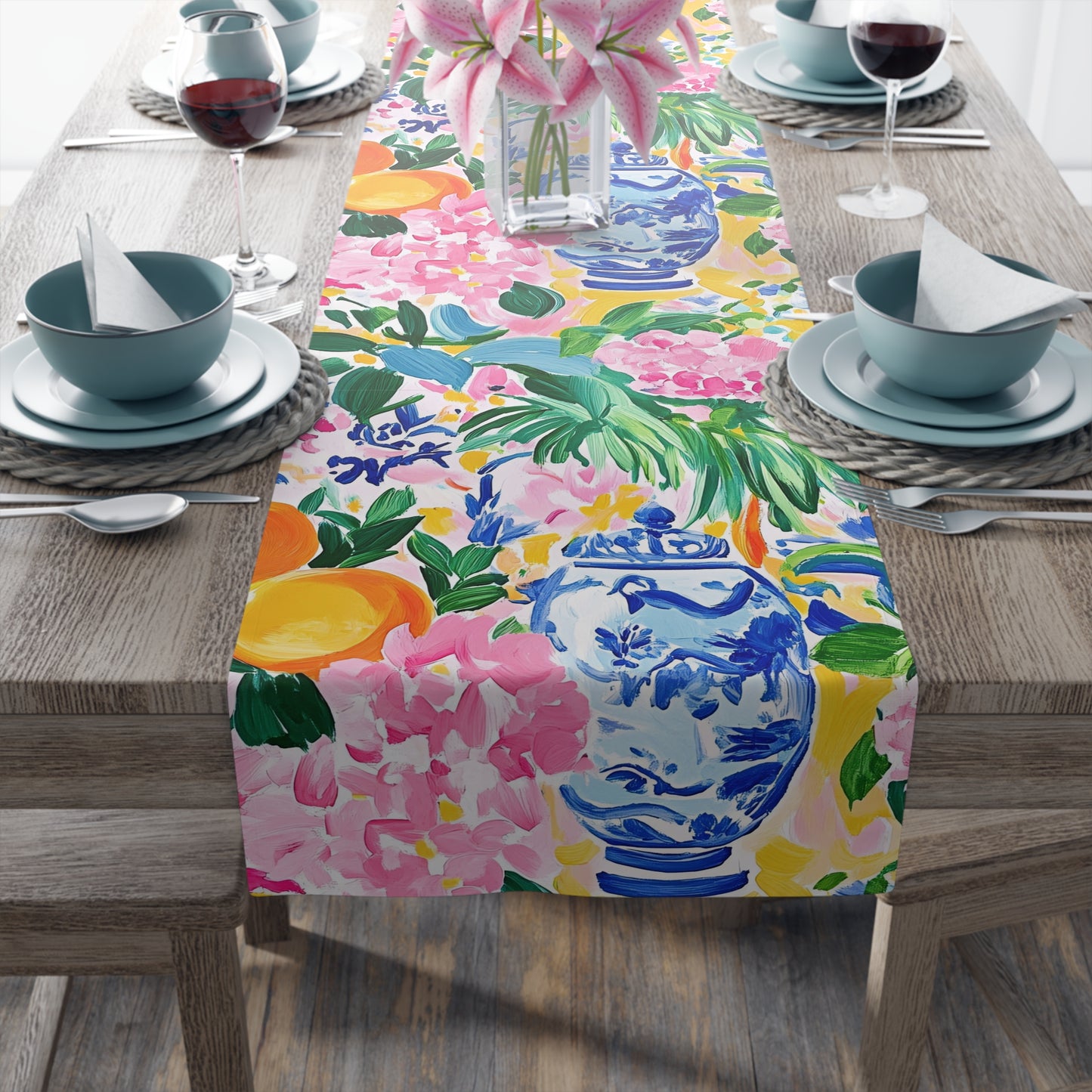 Chinoiserie Citrus Floral Vibrant Table Runner with Classic Vases - Splash of Color Co.