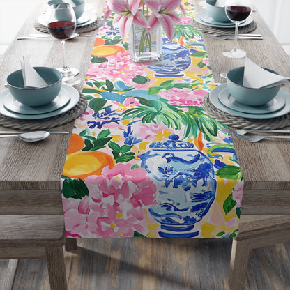Chinoiserie Citrus Floral Vibrant Table Runner with Classic Vases - Splash of Color Co.