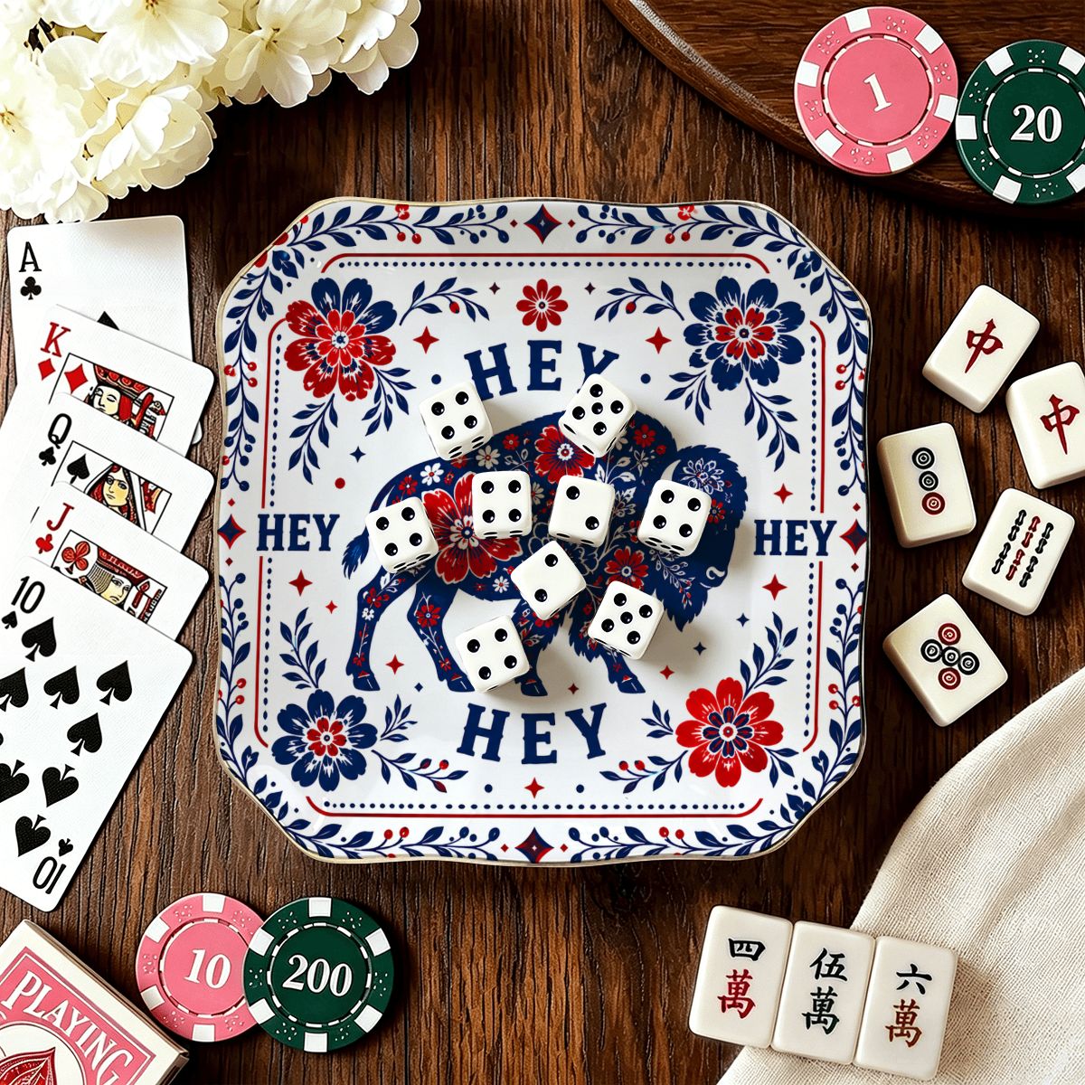 Hey Hey Hey Buffalo Football Fan Scalloped Ceramic Mahjong Dice Tray