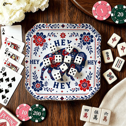 Hey Hey Hey Buffalo Football Fan Scalloped Ceramic Mahjong Dice Tray