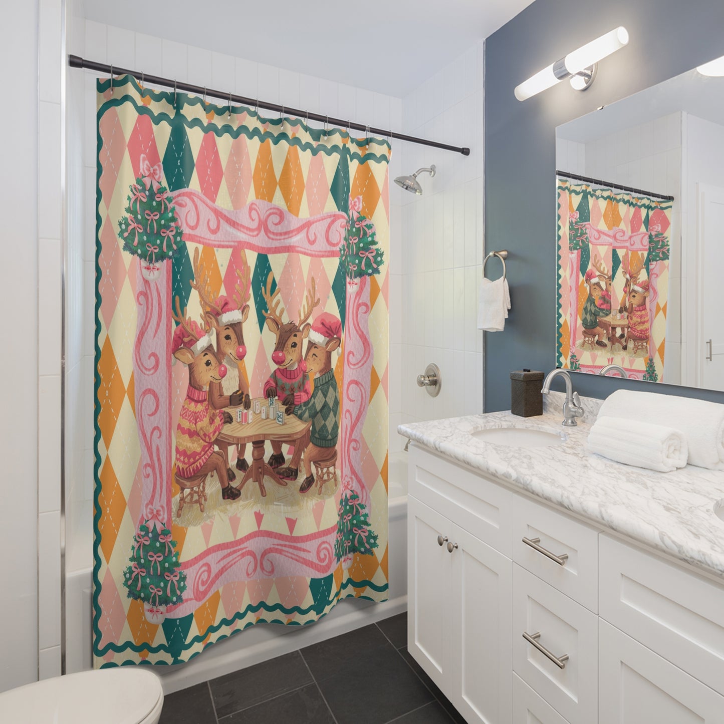 Mahjong Christmas Reindeer Shower Curtain, Festive Preppy Pastel Argyle Pattern