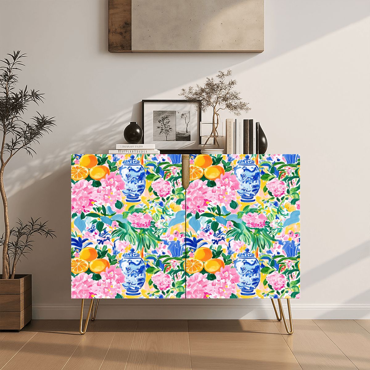 Chinoiserie Citrus Blossom, Ginger Jars Floral Modern Wooden Storage Cabinet - Splash of Color Co.