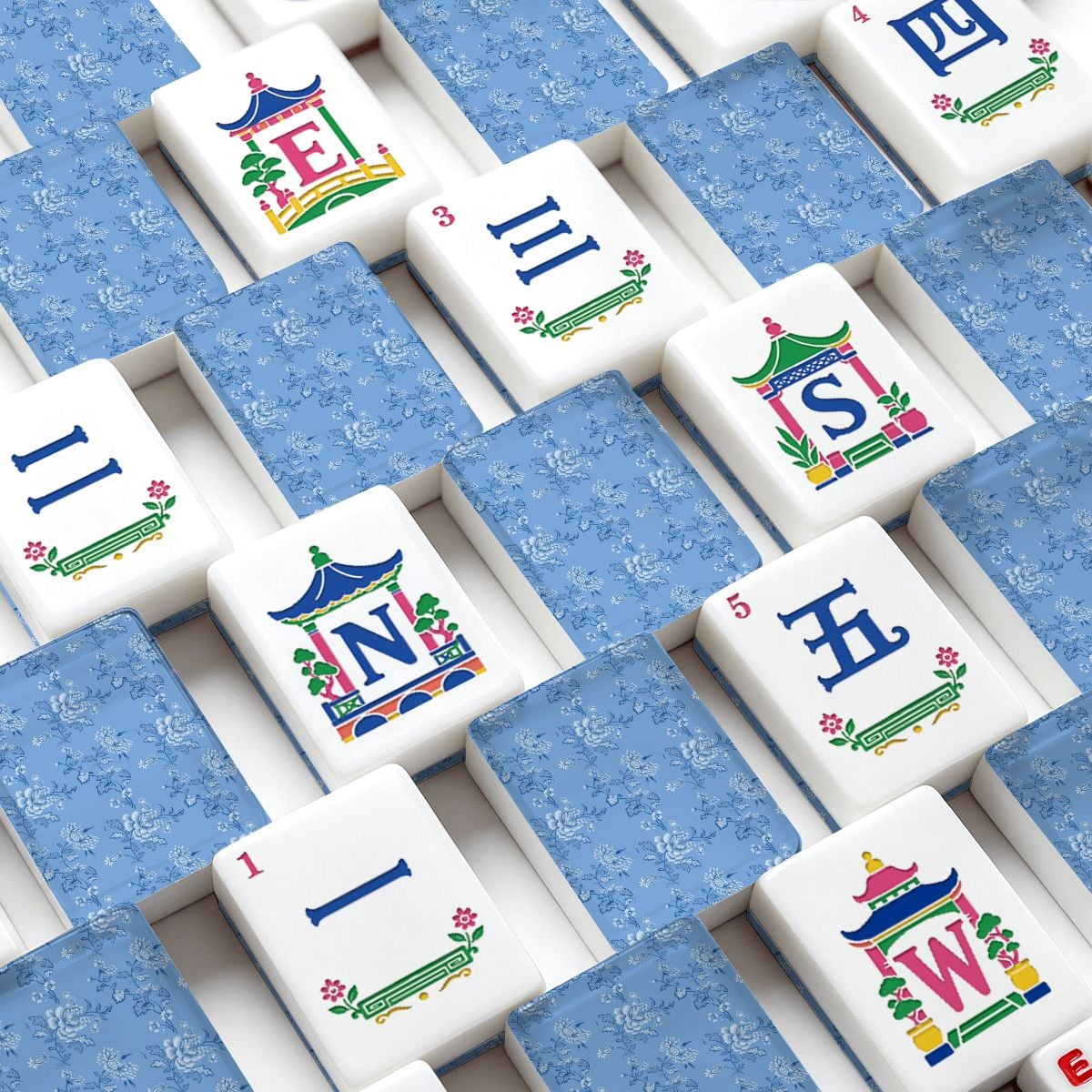 Baby Blue Floral Chinoiserie American Engraved Mahjong Tiles And Carry Case - Splash Of Mahj And Color Co.