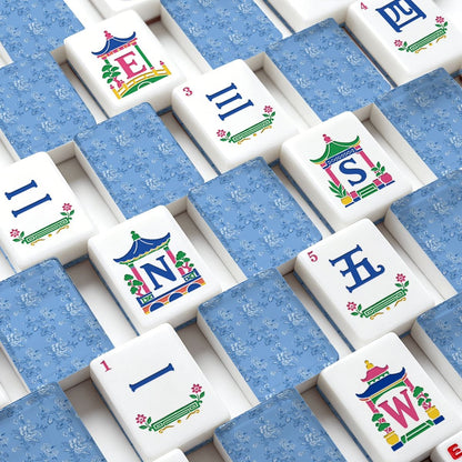 Baby Blue Floral Chinoiserie American Engraved Mahjong Tiles And Carry Case - Splash Of Mahj And Color Co.