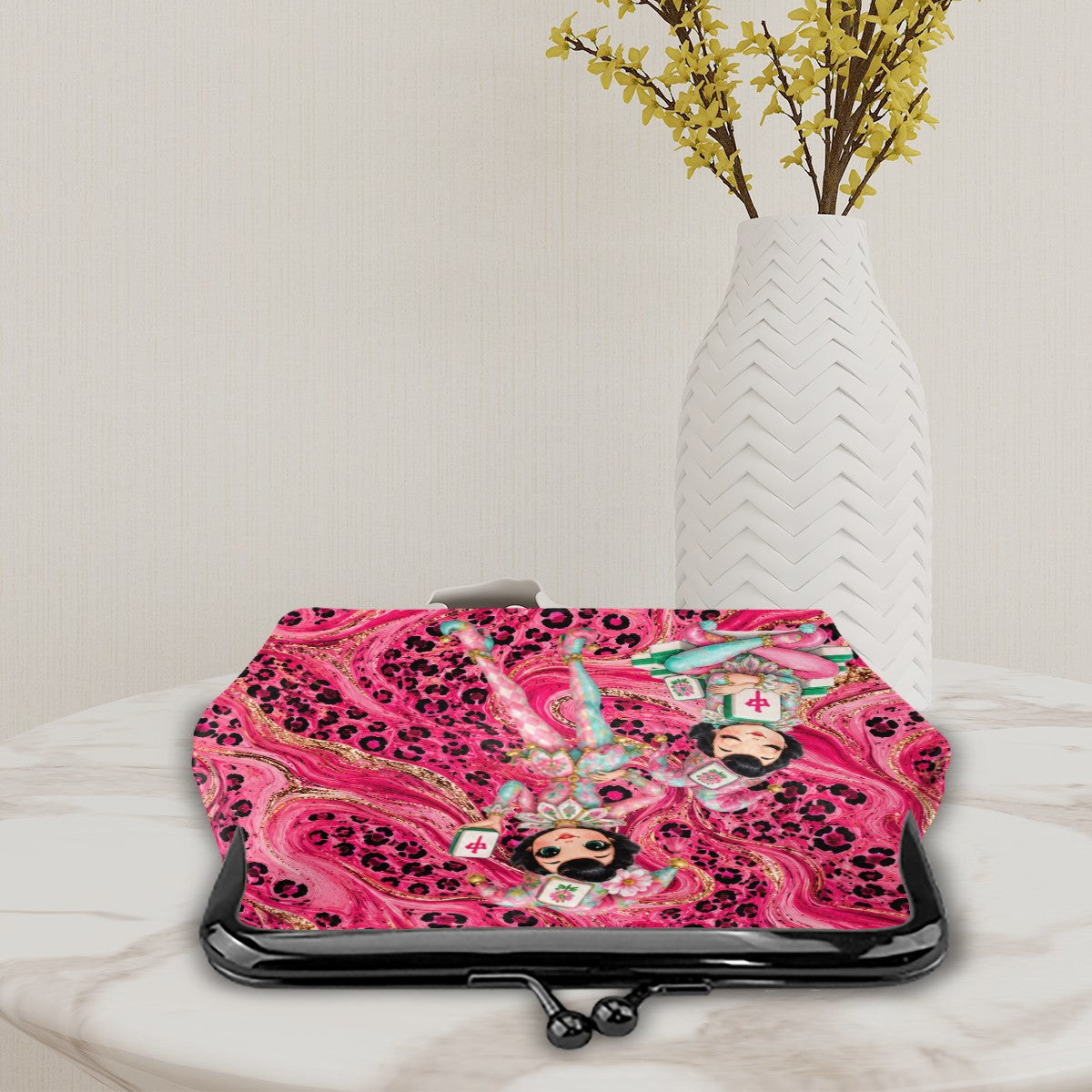 Mahjie Gal Hot Pink Leopard Print Women's Leather Kiss Lock Coin Purse