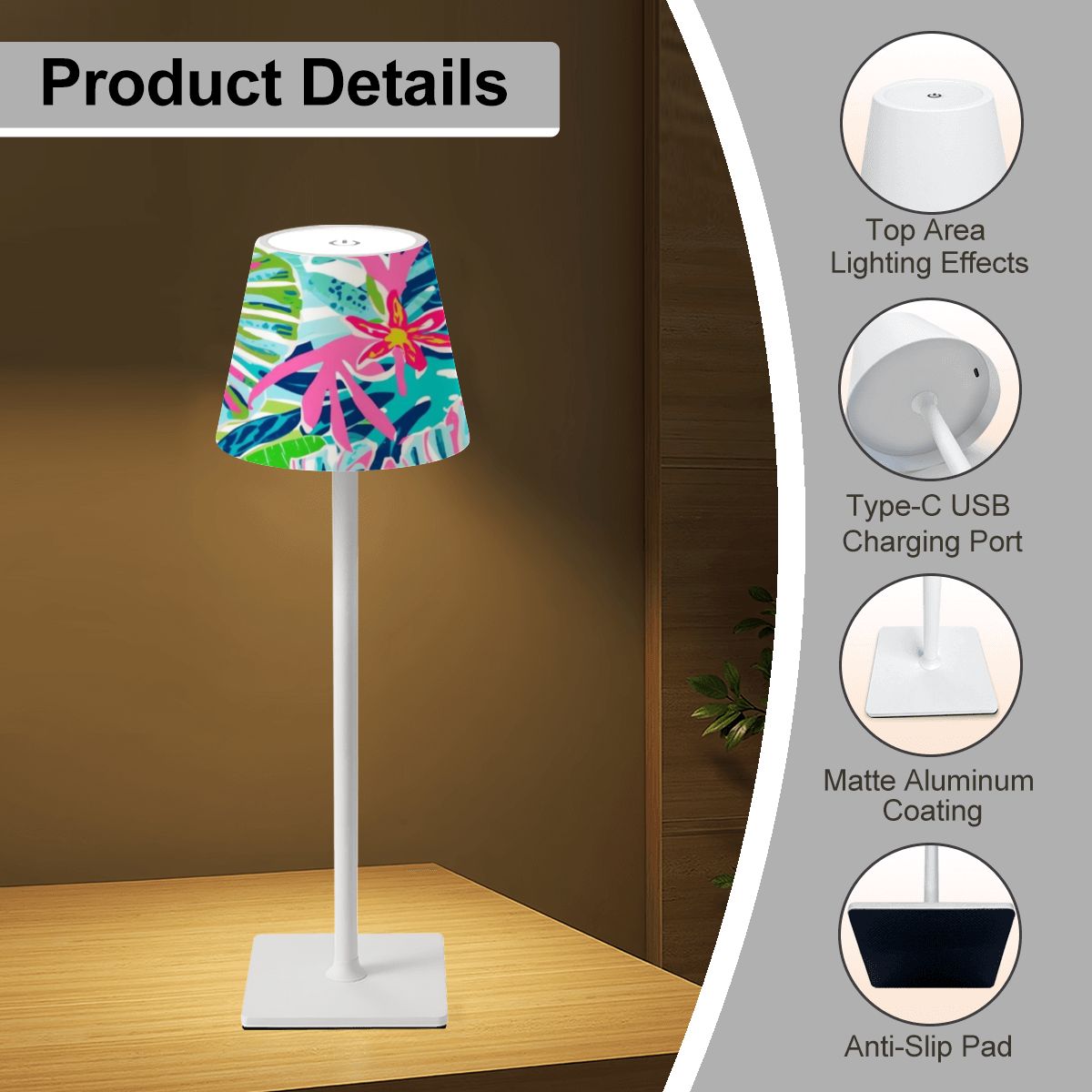 Preppy Floral Tropical Mahjong LED Cordless Table Lamp - Splash of Color Co.