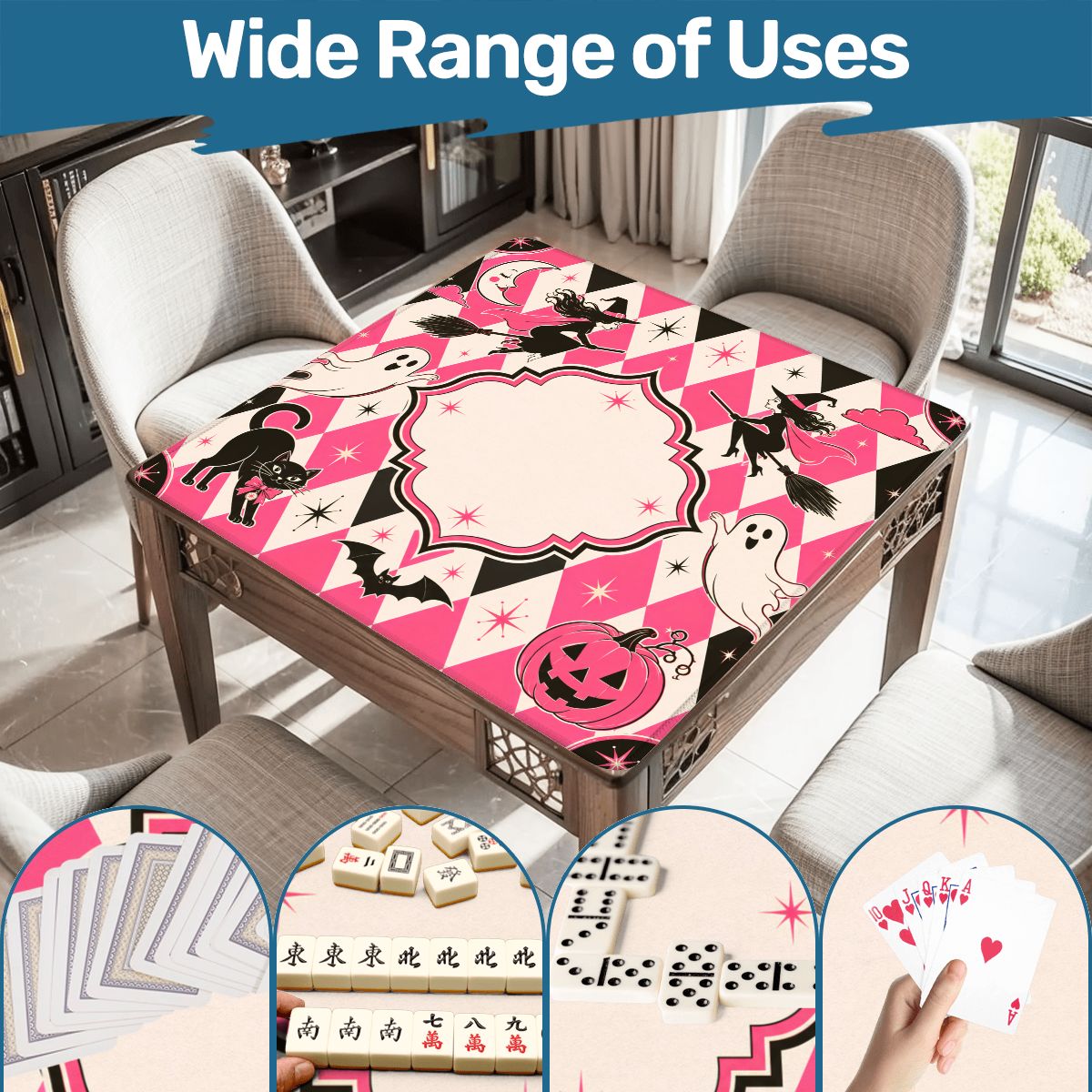 Harlequin Halloween Pink Witches, Ghosts Seasonal Custom Mahjong Mat - Splash Of Mahj And Color Co.