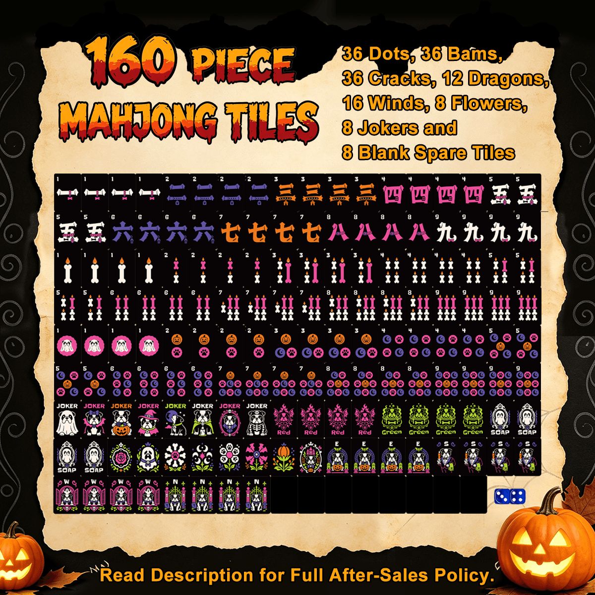 Halloween Mahjong Engraved Tiles Wicked Bulldog Whimsical Designed With Carry Case