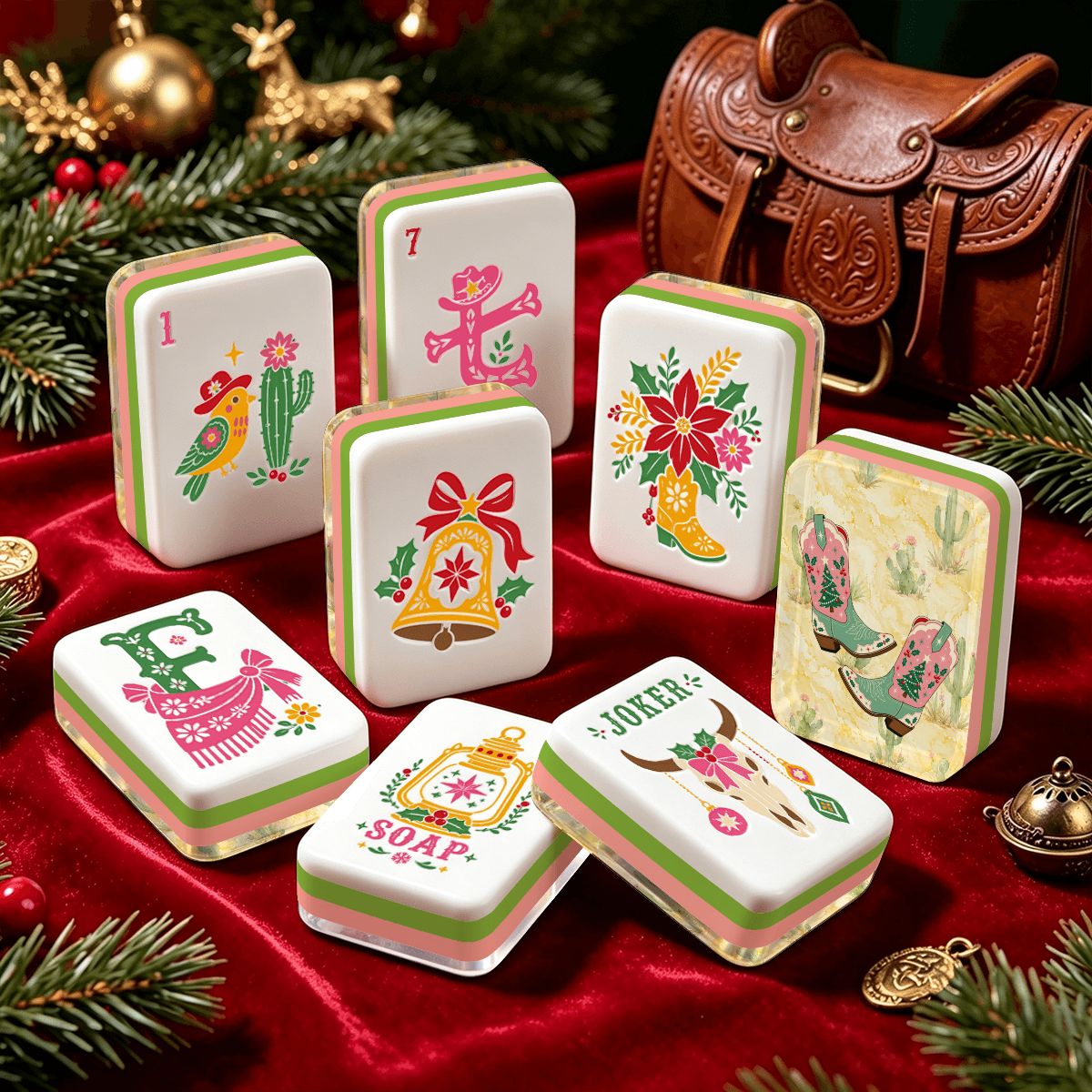 Country Girl Cowboy Boots Pastel Watercolor Yellow Western Christmas Mahjong Tiles And Carry Case - Splash Of Mahj And Color Co.