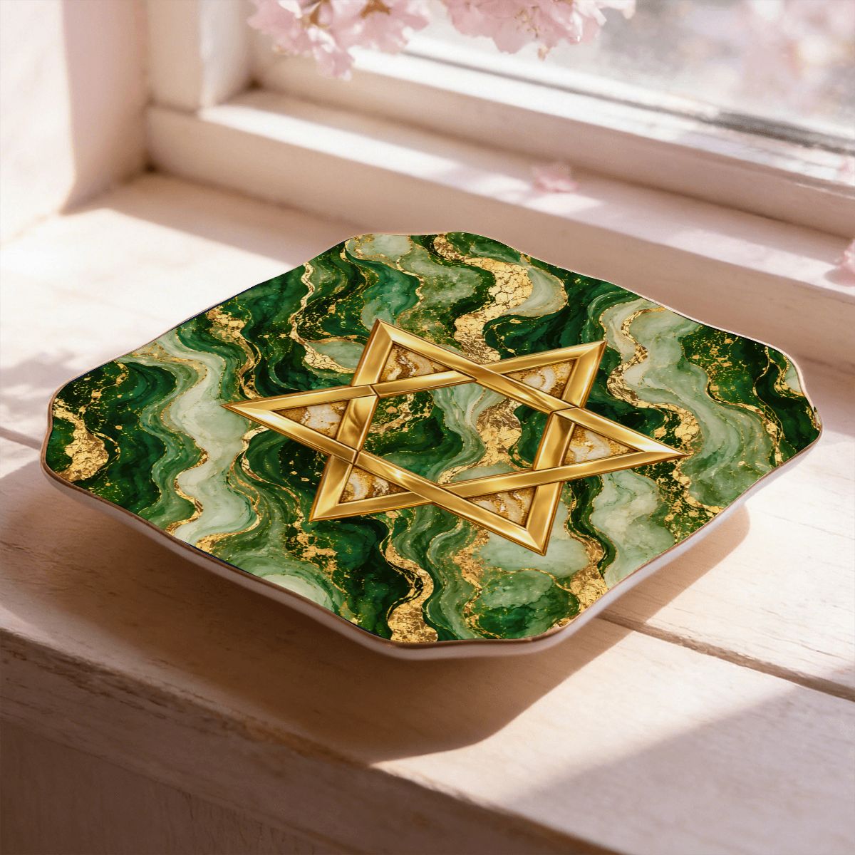 Gold Glitz Marbled Green Star Of David Scalloped Ceramic Mahjong Dice Tray - Splash Of Mahj And Color Co.
