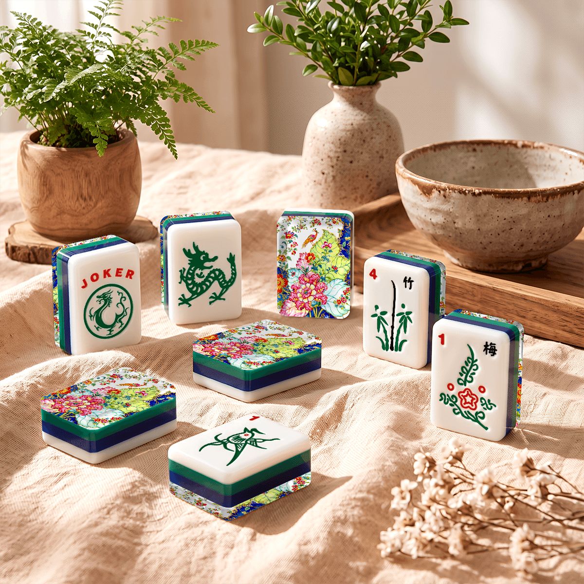 Tobacco Leaft 4Layer American Mahjong Tiles Blue Green With Carry Case - Splash Of Mahj And Color Co.